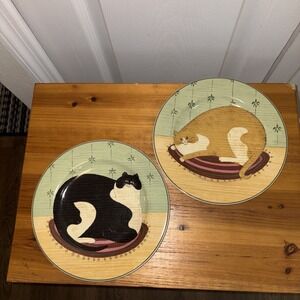 Vintage Warren Kimble Cat Collection Salad Plates Sakura Folk Art 8" Set Of 2